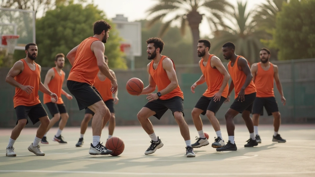 فريق كرة سلة يقوم بتمارين تكتيكية جماعية على الملعب